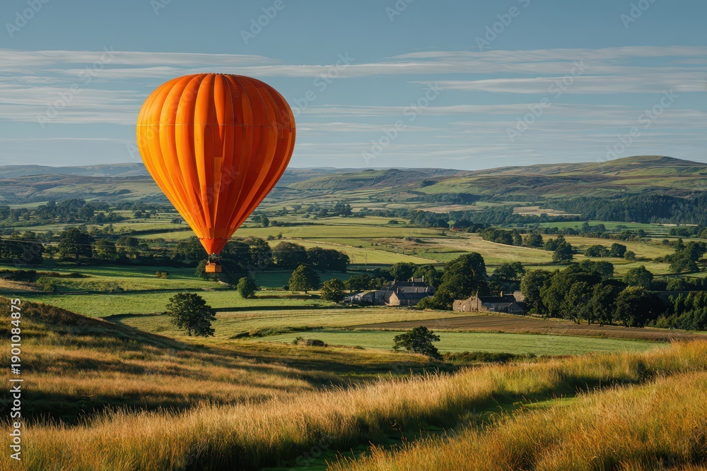Obraz premium Serene rural landscape with a bold orange hot air balloon in the sky