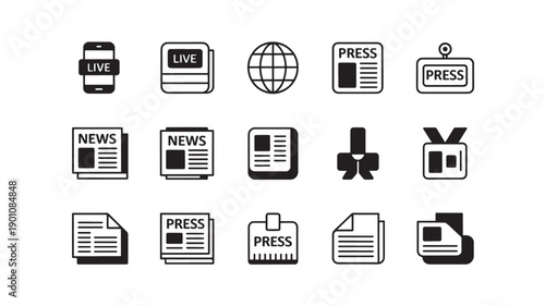 Black press and news icons in line style on white background for journalism and media branding
