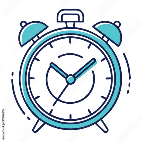 A teal and white line art illustration of a ringing vintage alarm clock on a white background