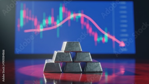 Pyramid of silver bars on reflective surface with behind the falling digital graph showing asset pressure, silver crash, silver downturn