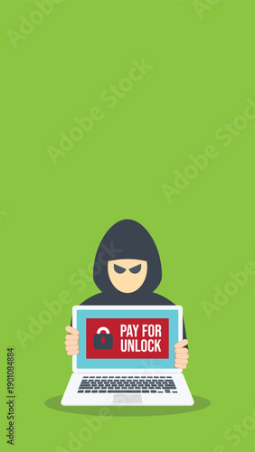 Hacker holding laptop with ransomware note, data breach, malware, cyber attack, hacking