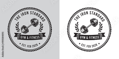 Circular Gym and Fitness Badge with Barbell and Laurel Wreath