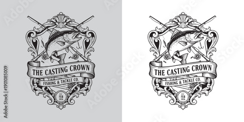 Vintage Fishing and Tackle Logo with Jumping Trout and Fishing Rods