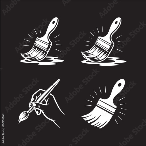 Paint Brushes Line Art Minimalist White on Black Background for Creative Design