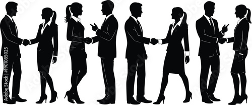 Business people handshake silhouettes showing professional agreement, partnership, negotiation, teamwork, corporate communication, leadership, collaboration, and successful deal concept isolated on 