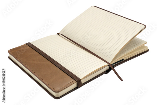 Brown leather journal with lined pages open