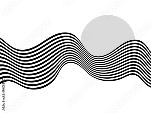 Abstract black and white wave with gray circle. png