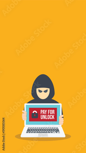 Hacker holding laptop with ransomware note, data breach, malware, cyber attack, hacking