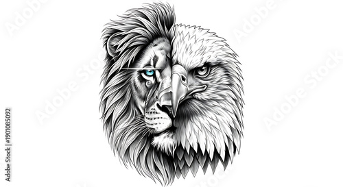 lion face and half eagle face isolated on white background.
