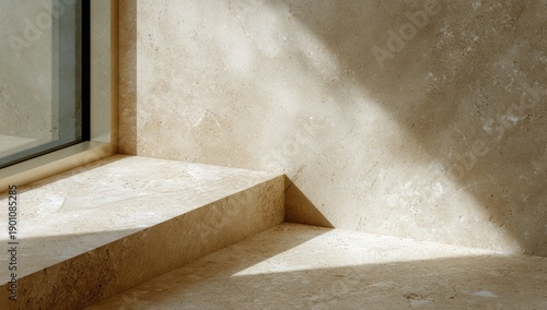 Textured beige stone surfaces with soft shadows and light patterns
