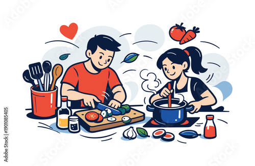 Dynamic Cooking Scene. Everyday cooking scene. Utensil holder near cutting board and ingredients, gentle