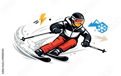 Winter sports. Skier carving smooth lines down a snowy slope, motion trails emphasizing speed and control. The