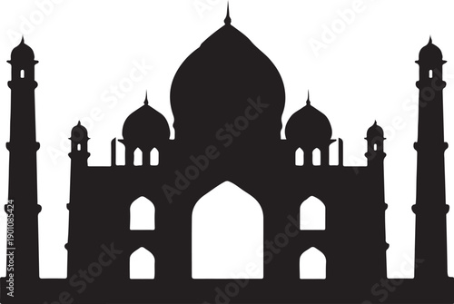  Silhouette of a Mughal style palace with domes and minarets on white background

