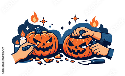 Jack-o’-lantern making. Close-up of hands carving expressive pumpkin faces, candle glow icons and stars