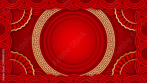 Motion graphic of Golden circle frame with chinese new year and year of the Rabbit 2026 on dark red background and glitter particle in a happy new year concept abstract background seamless loop video