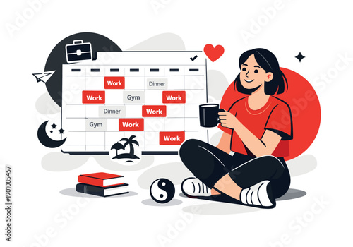 Work and life balance. Calendar app showing work and personal events in different colors, person smiling with