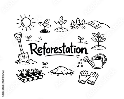 Reforestation. Hand-drawn doodle illustration of Reforestation. tree saplings, shovel, watering can, forest