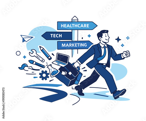 Career Path Crossroads. Career transitions and changing industries. Professional standing at a crossroads with