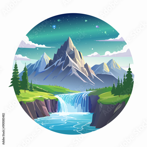 Spectacular Waterfall Descending from Snowy Mountains Under a Starry Aurora Sky