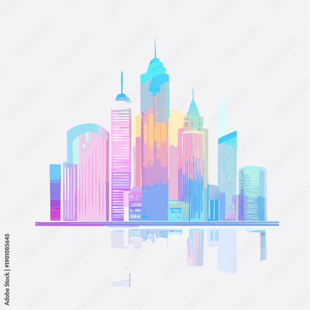 Obraz premium Vibrant Abstract City Skyline Illustration Featuring Colorful Skyscrapers and a Mirrored Reflection, Capturing Modern Urban Architecture and Design Elements