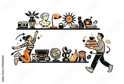 Personal style interior. Collection of décor items from different eras arranged thoughtfully on shelves,