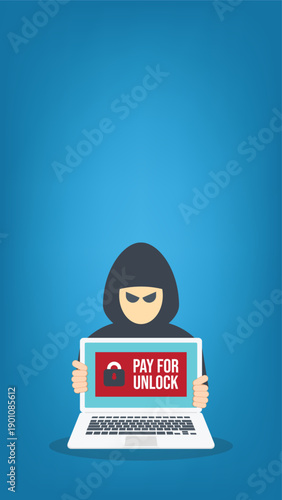 Hacker holding laptop with ransomware note, data breach, malware, cyber attack, hacking