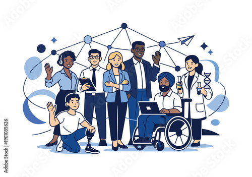 Workplace diversity. Team of diverse professionals standing together, different backgrounds and abilities