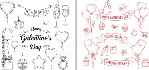 Two charming black and white vector illustrations of popcorn buckets overflowing with kernels. The buckets feature classic stripes, floating hearts, and "GIRLS' MOCORN" and "POICORN" labels.