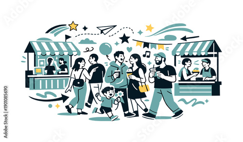 Festive exhibition. Crowded fair with colorful stalls, visitors walking, talking, and enjoying the atmosphere.