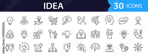 Idea Web Icon Set in Linear Style. Collection of creative idea, line icons, including creativity, thinking, light bulb, innovation, solution, inspiration, business, thinking and more. Editable stroke