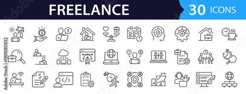 Freelance Web Icon Set in Linear Style. Collection of remote work, line icons, including working from home, freelancer, laptop, meeting, business, online job, home office and more. Editable stroke