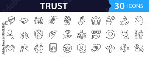 Trust Web Icon Set in Linear Style. Collection of trustworthy, line icons, including trustworthy, credibility, confidence, integrity, confidence, promise, loyalty, honesty and more. Editable stroke