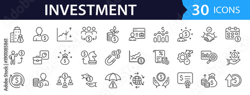 Investment Web Icon Set in Linear Style. Collection of finance and money, line icons, including profit, investor, portfolio, asset, management, financial gain, interest and stock. Editable stroke