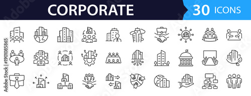Corporate Web Icon Set in Linear Style. Collection of corporate business, line icons, including business strategy, office, management, workflow, buildings and more. Editable stroke