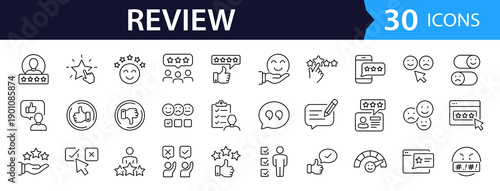 Review Web Icon Set in Linear Style. Collection of feedback, line icons, including rating, satisfaction, like, customer experience, testimonial, comment, opinion, recommend and more. Editable stroke