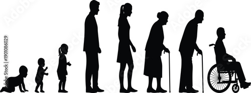 Human Life Cycle Evolution Set: Silhouette Vector Depicting Aging Process from Infant and Child to Adult, Elderly, and Disabled Senior