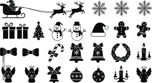 Large Collection of Christmas Holiday Silhouette Vector Icons Featuring Santa Sleigh Reindeer Snowflakes Snowmen Gingerbread Men Bells Ornaments and Winter Decorations