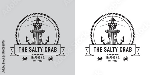 Vintage Nautical Lighthouse and Anchor Seafood Logo Emblem