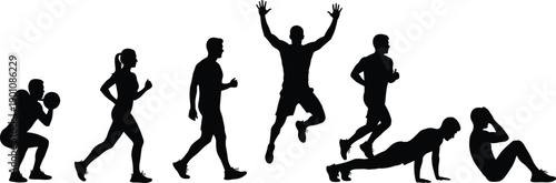 Set of Black Fitness Silhouettes Featuring People Exercising Running Jumping Squatting Doing Pushups and Situps for Gym and Workout Design