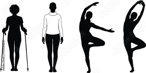 Set of Female Silhouettes Representing Healthy Active Lifestyle Including Nordic Walking Stretching Yoga Poses and Casual Winter Fashion Style Illustration
