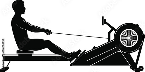 Side View Silhouette of a Fit Man Exercising on a Rowing Machine for Cardio Workout Strength Training and Fitness Illustration