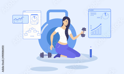 Woman exercising with data analysis concepts