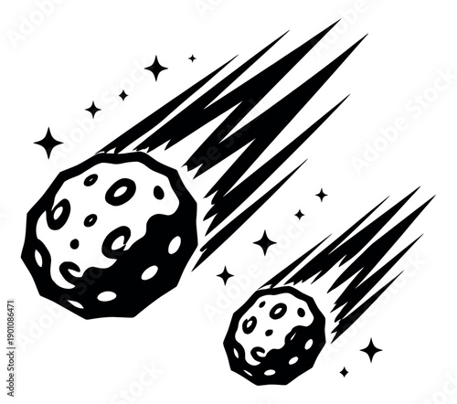 Bold line art illustration of meteors depicting them falling through space with stars for space and science exploration