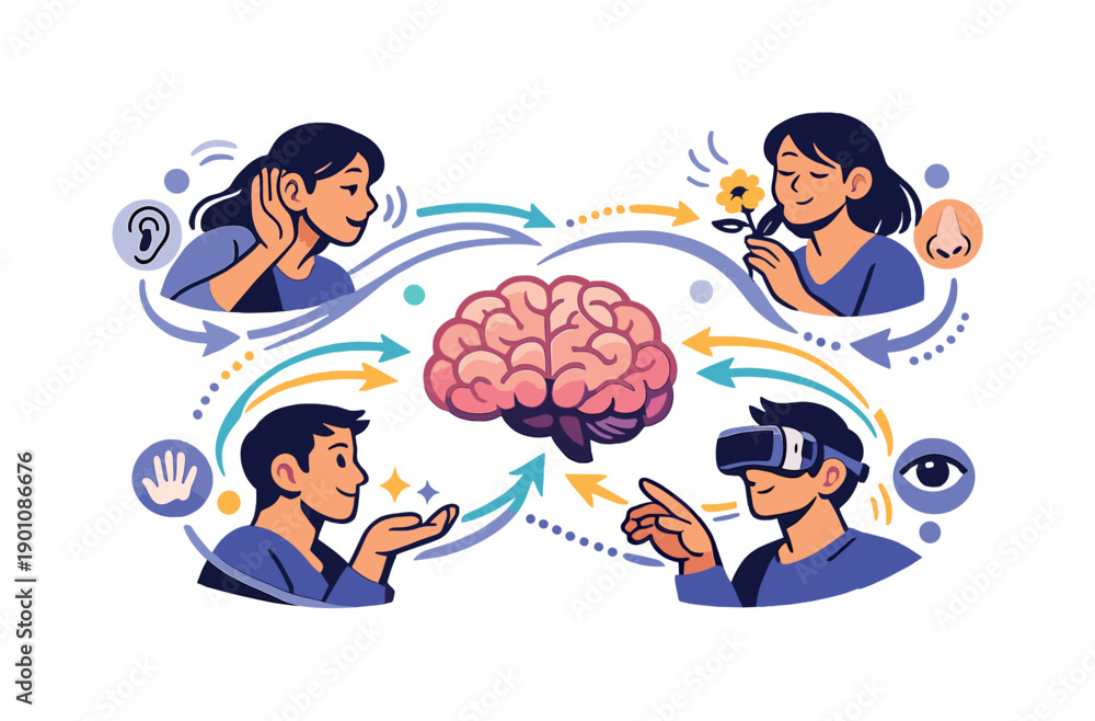 Fototapeta premium Brain–body dialogue. Brain icon connected to sensory organs through flowing paths, signals moving back and
