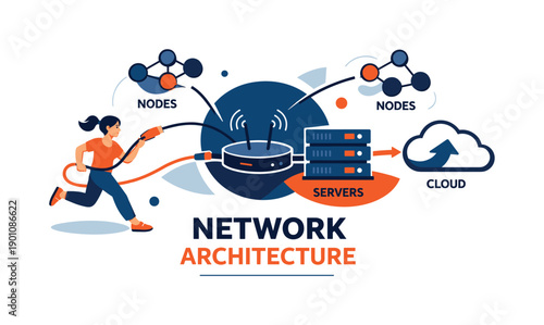 Modern Network Diagram. Network architecture. Abstract topology diagram with nodes, routers, and cables