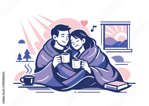 Cabin morning. Couple wrapped in blankets, enjoying coffee together, sunlight rays and calm lines filling the
