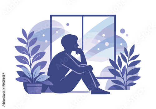 Soft daylight moment. Silhouette near the window framed by plants, light gradients and floating dust shapes.