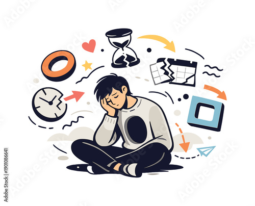 Inner emptiness. Figure surrounded by hollow shapes and broken timelines, gentle motion suggesting drifting