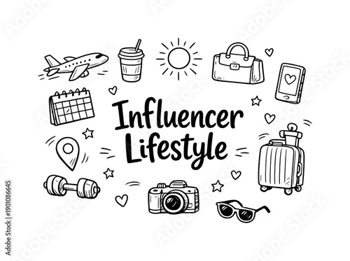 Influencer Lifestyle. Hand-drawn doodle illustration of Influencer Lifestyle. airplane, coffee cup, luxury bag