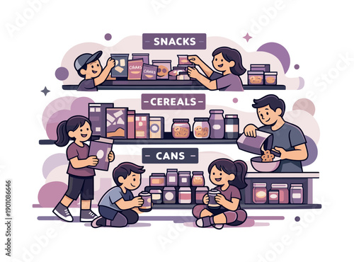 Family pantry order. Shared pantry with snacks, cereals, and cans grouped clearly, friendly and accessible
